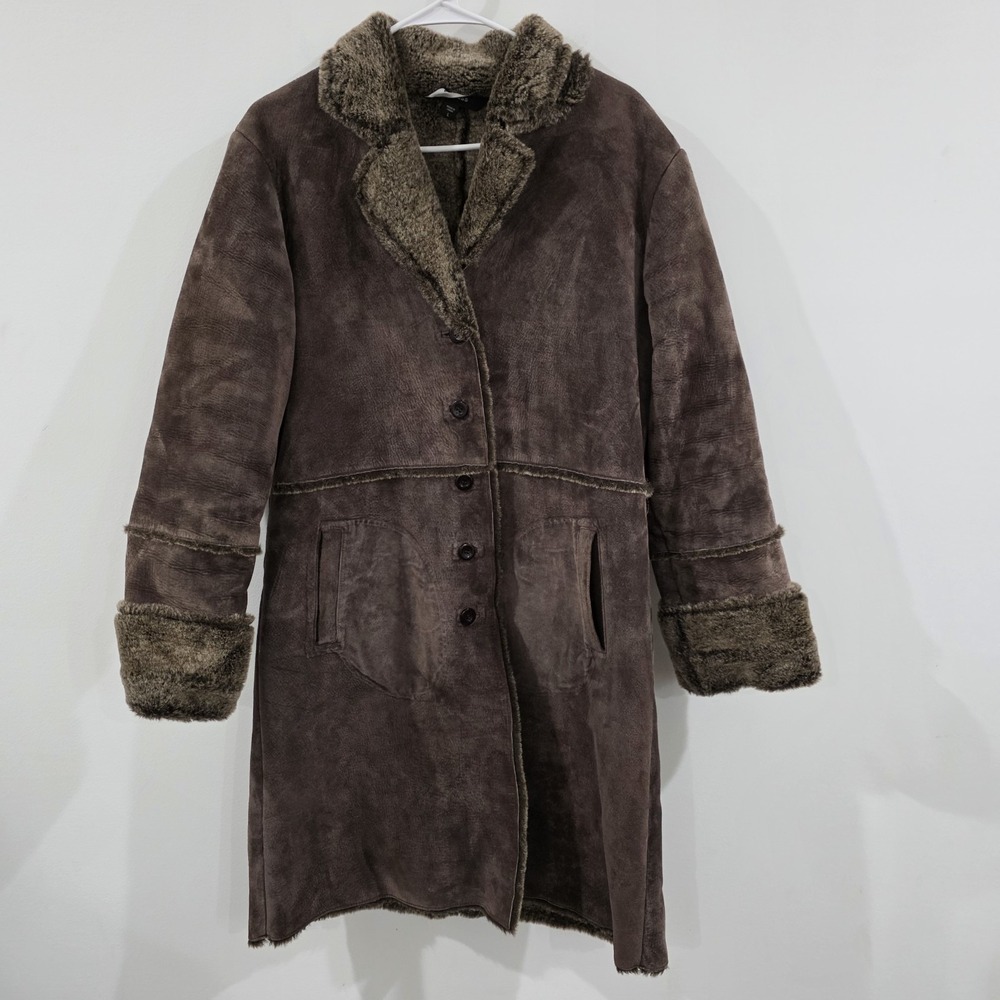 Y2K Vintage Express Womens Penny Lane Trench Coat Large Suede Faux Fur Brown‎
